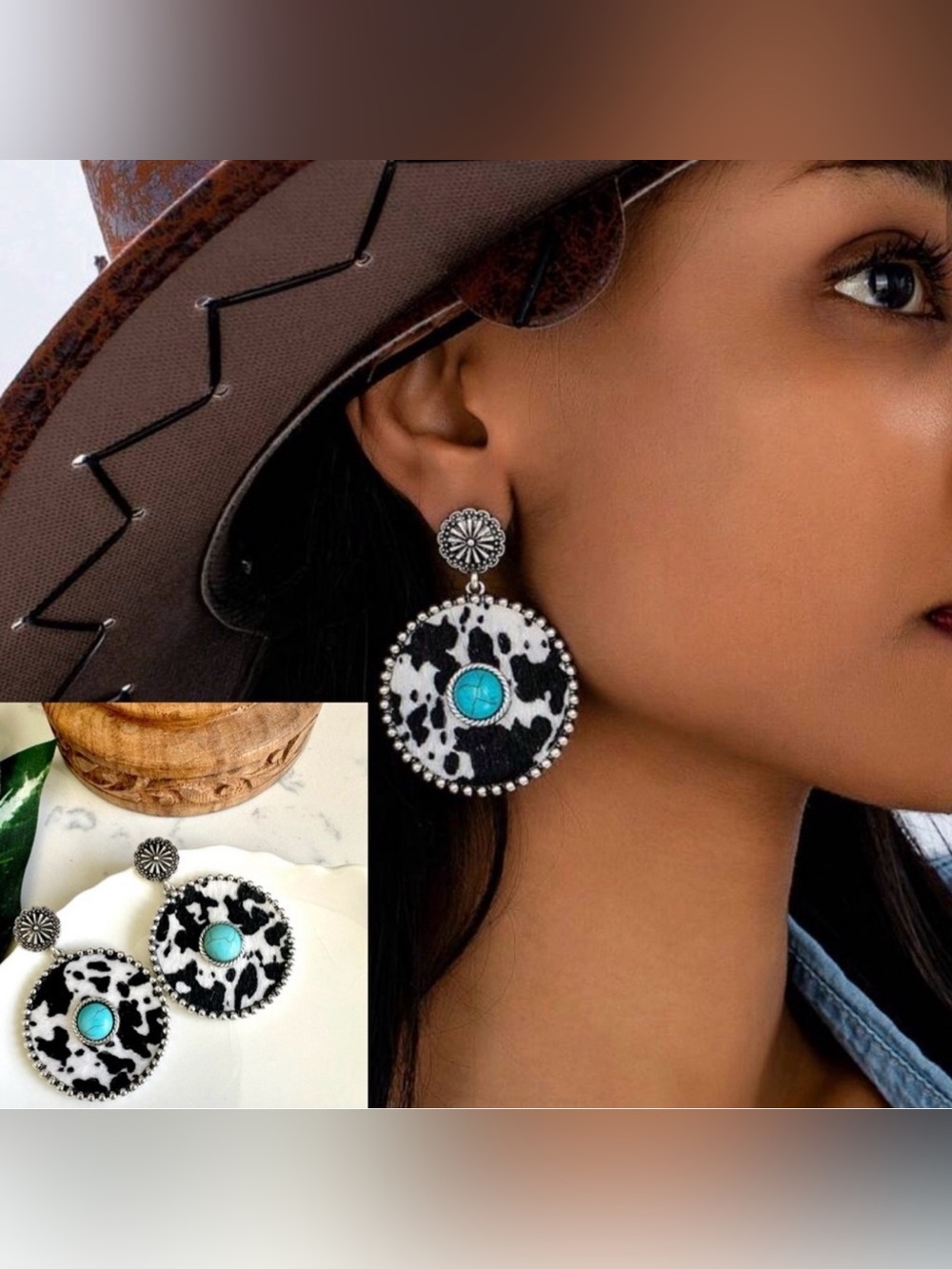 Cow Print Round Turquoise Stone Earrings Silver Tone Western Rodeo Jewelry NEW